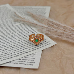 S925 Silver Vintage Gold-Tone Ring with Green Zircon