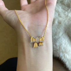 S925 Silver Gold-Plated Diamond-Set Brushed Bow Necklace