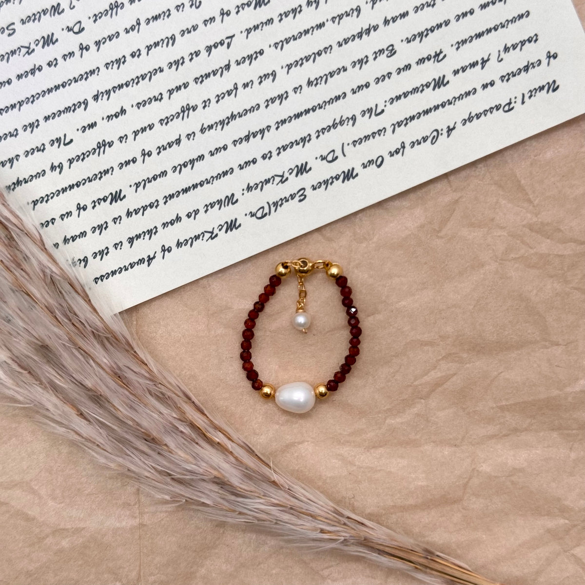 S925 Silver Gray Moonstone & Brown Gemstone Freshwater Pearl Ring