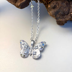 Iridescent Butterfly Necklace with Brushed S925 Silver & Colorful Stones