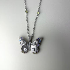 Iridescent Butterfly Necklace with Brushed S925 Silver & Colorful Stones