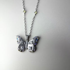 Iridescent Butterfly Necklace with Brushed S925 Silver & Colorful Stones