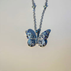 Iridescent Butterfly Necklace with Brushed S925 Silver & Colorful Stones