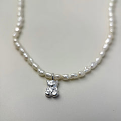 Teddy Bear Pendant Necklace with Natural Pearl in S925 Silver