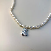 Teddy Bear Pendant Necklace with Natural Pearl in S925 Silver