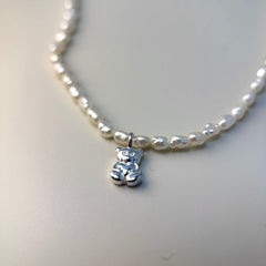 Teddy Bear Pendant Necklace with Natural Pearl in S925 Silver