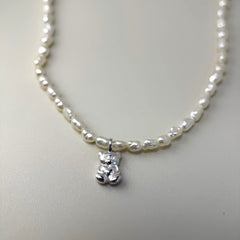 Teddy Bear Pendant Necklace with Natural Pearl in S925 Silver