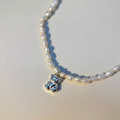 Teddy Bear Pendant Necklace with Natural Pearl in S925 Silver