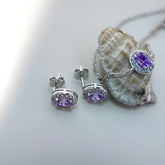 Purple Zircon Oval-Cut Bracelet & Rose Stud Earrings Set in S925 Silver