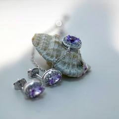 Purple Zircon Oval-Cut Bracelet & Rose Stud Earrings Set in S925 Silver