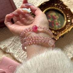 Triple-Layer Strawberry Quartz & Rose Quartz Beaded Bracelet