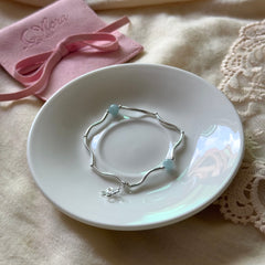 S925 Sterling Silver Openwork Floral Bamboo & Aquamarine Stretch Bracelet