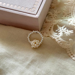S925 Sterling Silver Popcorn Bead & Natural Pearl Stretch Ring