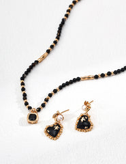 S925 Silver Vintage Black Onyx & Natural Pearl Earrings