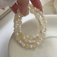 S925 Silver Stretch Bracelet with Natural Pearl & Golden Rutilated Quartz