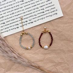 S925 Silver Gray Moonstone & Brown Gemstone Freshwater Pearl Ring