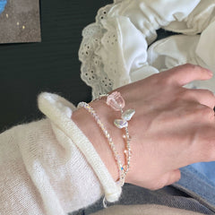 Rose of the Moon· Rose Quartz & Pearl Silver Shard Bracelet