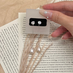 S925 Silver Long Zircon & Freshwater Pearl Drop Earrings