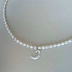 Moon & Mother-of-Pearl Necklace with Freshwater Pearl in S925 Silver