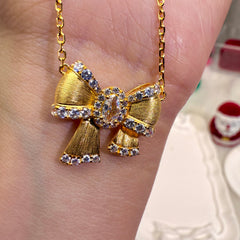 S925 Silver Gold-Plated Diamond-Set Brushed Bow Necklace