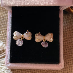 Pink Enamel Bow & Lavender Zircon Drop Stud Earrings