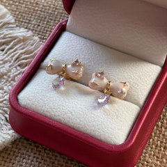 Pink Enamel Bow & Lavender Zircon Drop Stud Earrings