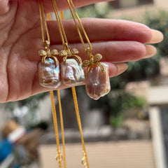 S925 Gold-Plated Silver Baroque Pearl Bow Pendant Necklace