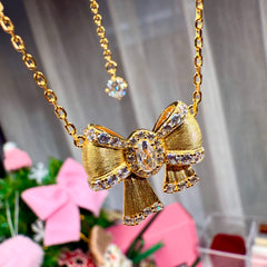 S925 Silver Gold-Plated Diamond-Set Brushed Bow Necklace