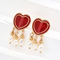 S925 Silver Heart Enamel Natural Pearl Stud Earrings