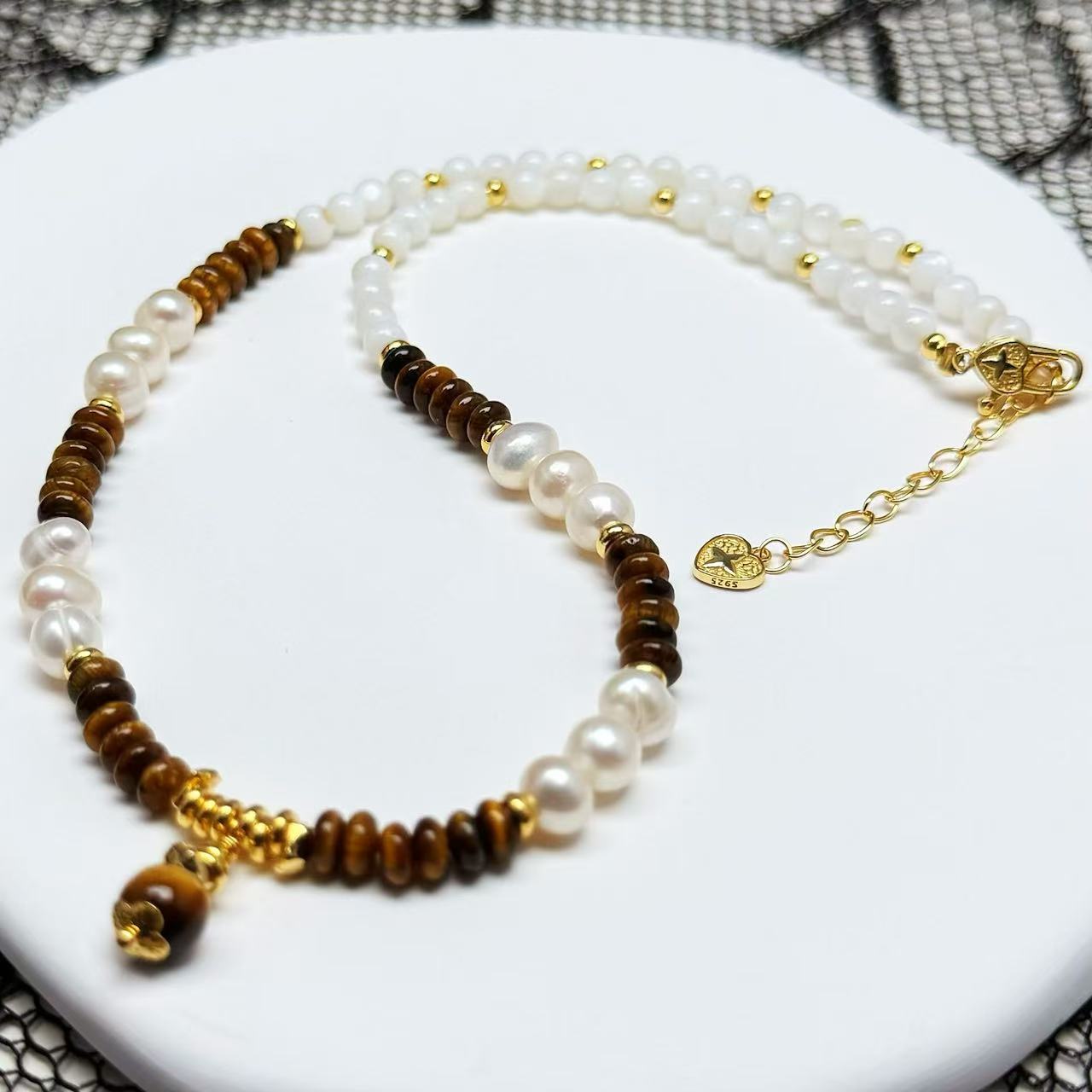 Tiger Eye Stone, Natural Pearl, and Mother-of-Pearl Necklace