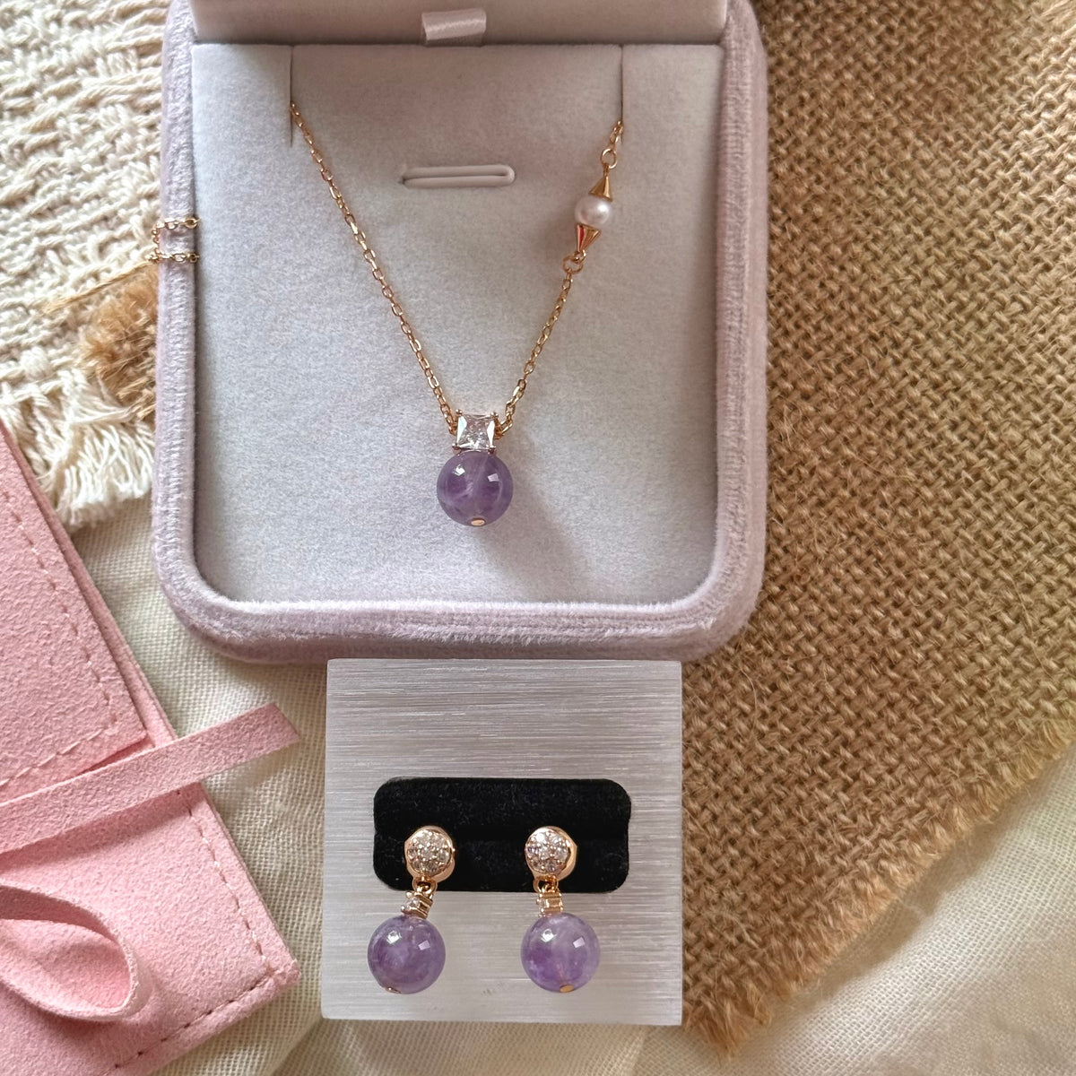 S925 Sterling Silver Amethyst, Baroque Pearl & Zircon Jewelry Set