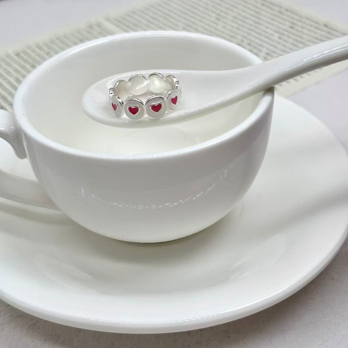 S925 Silver Pink Enamel Heart Ring