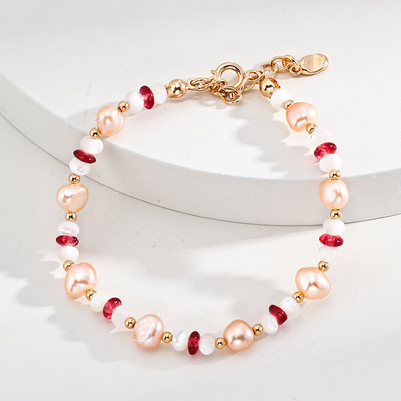 S925 Silver Natural Pearl, Mother-of-Pearl, and Ruby Bracelet