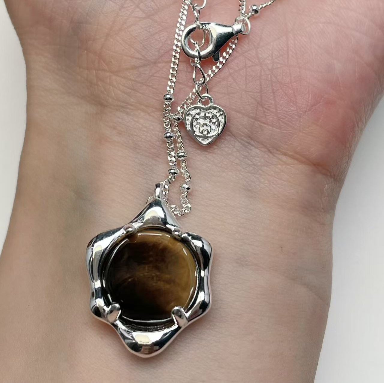 Hexagonal Silver Pendant with Tiger Eye Stone Necklace