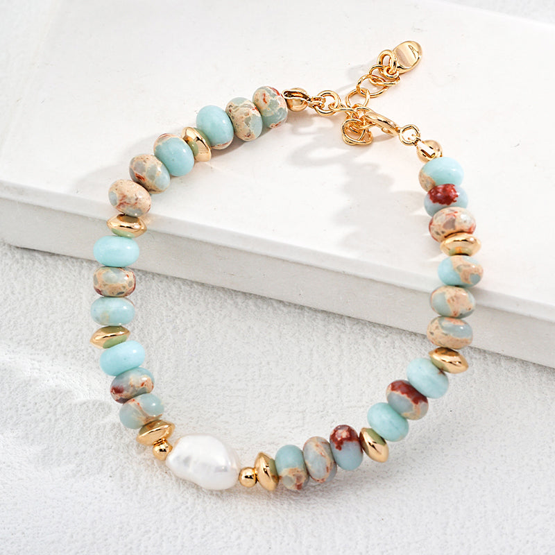 S925 Silver Natural Pearl and Shoushan Stone Beaded Bracelet