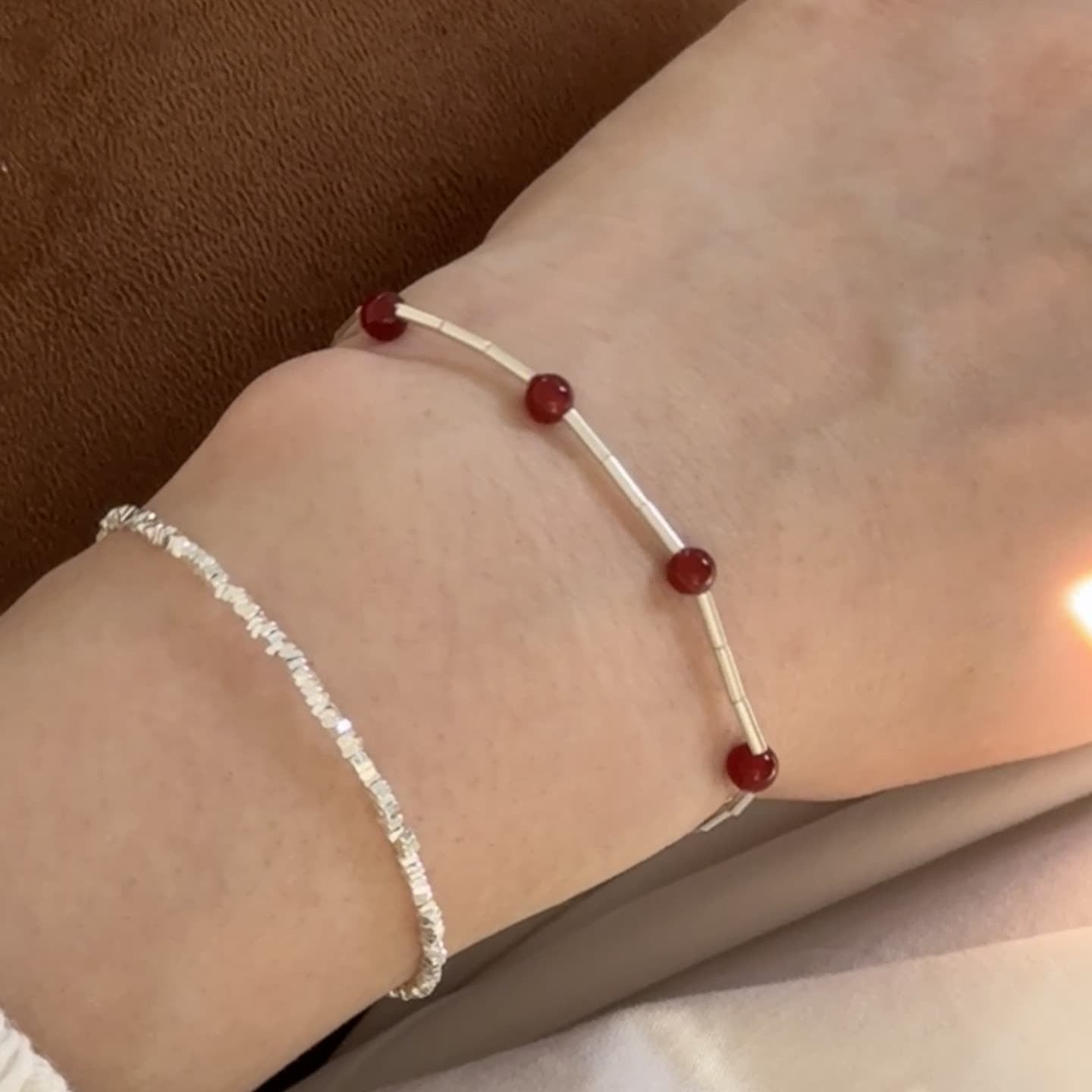 S925 Silver Red Agate and Tube Bead Bracelet