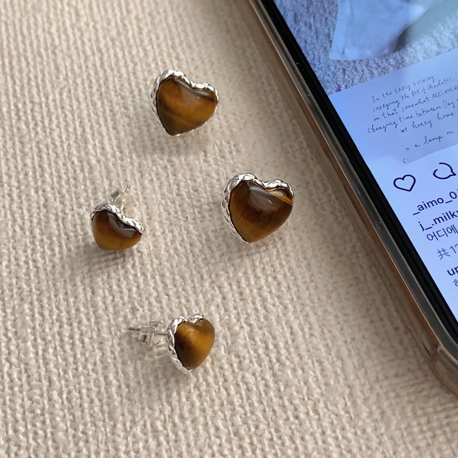 Heart Amber Silver Stud Earrings