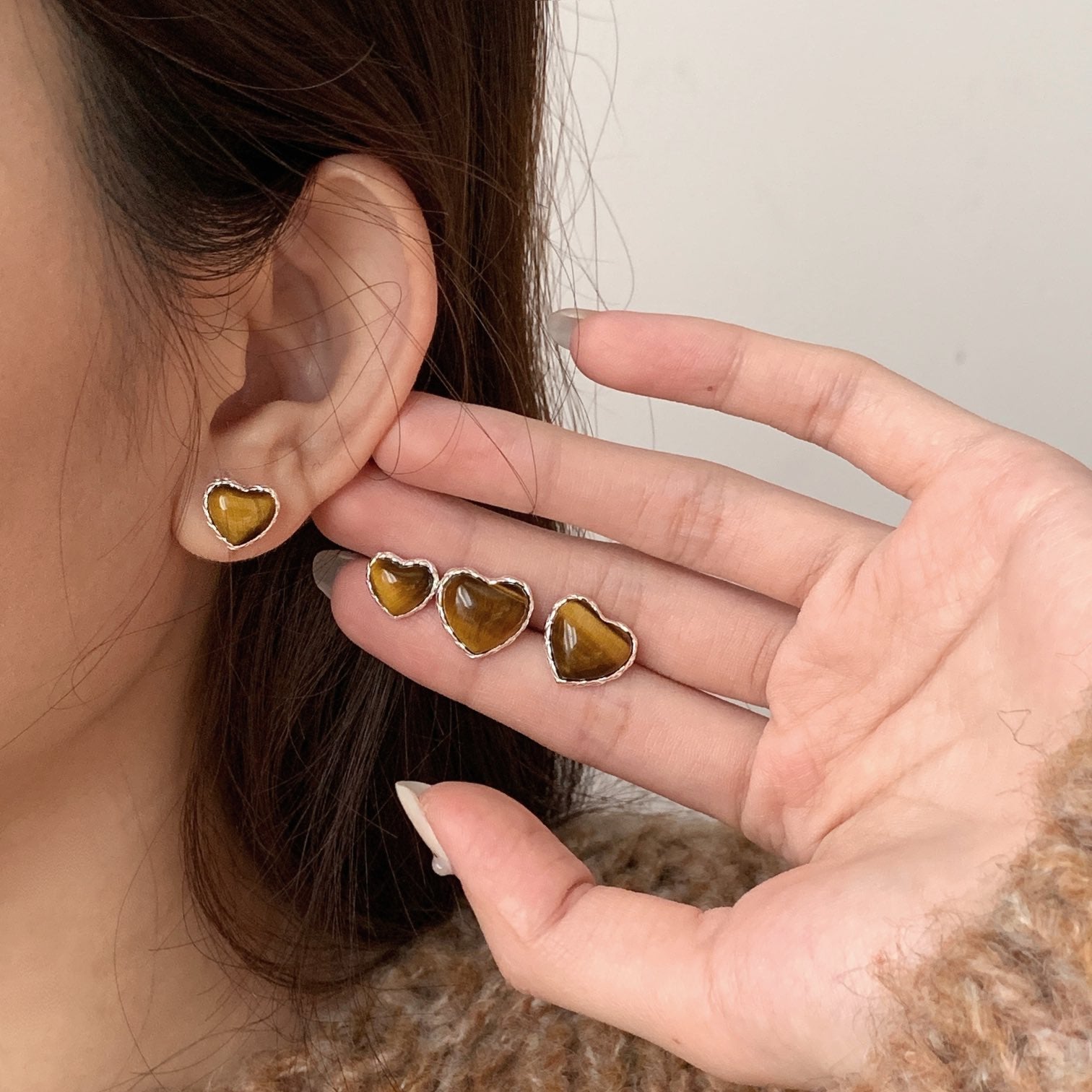 Heart Amber Silver Stud Earrings