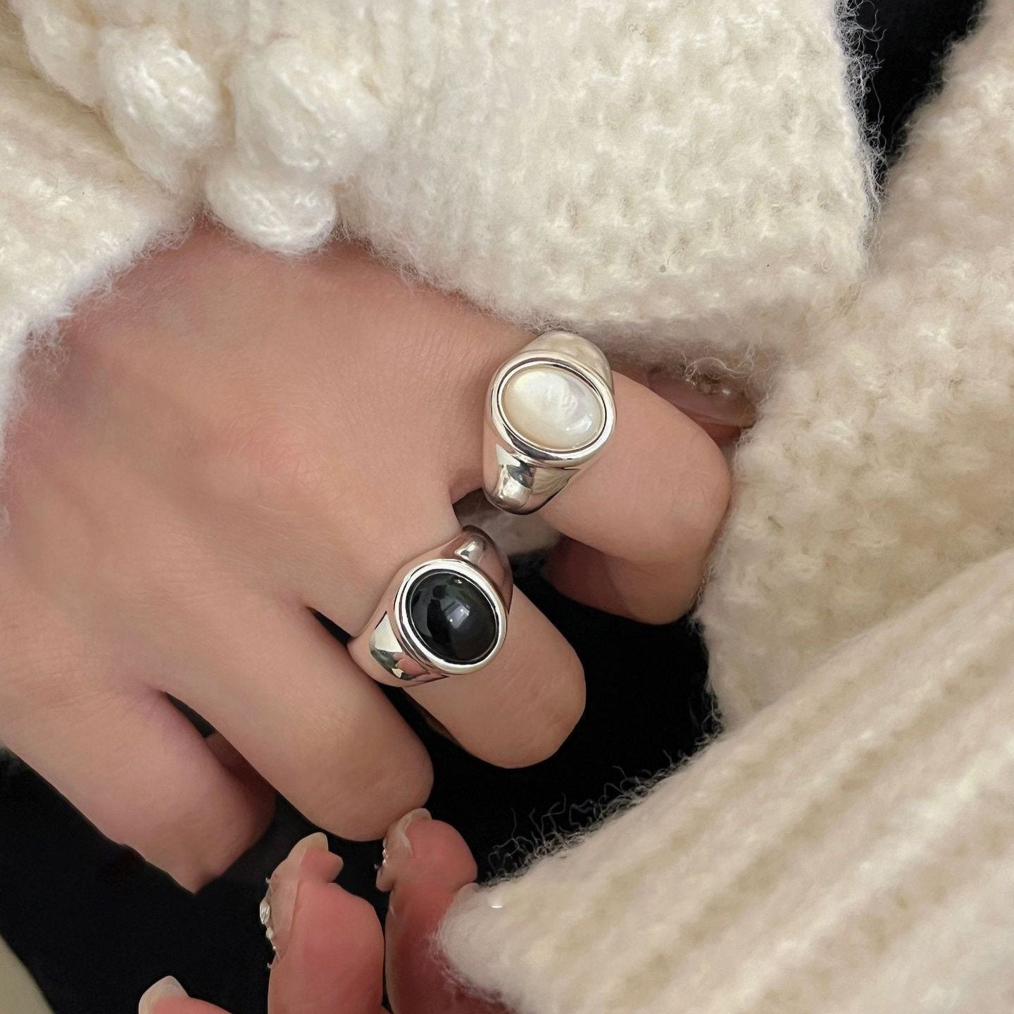 Oval White Mother of Pearl & Black Onyx Silver Ring