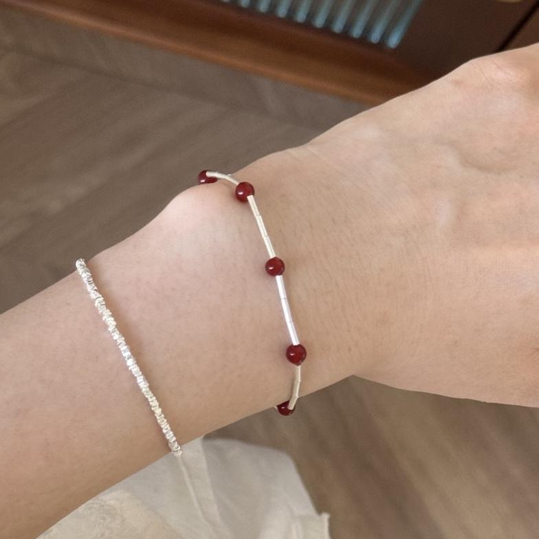 S925 Silver Red Agate and Tube Bead Bracelet