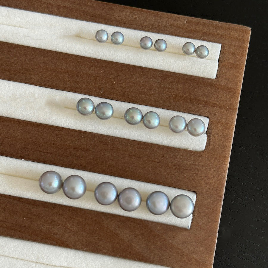 Gray Natural Freshwater Button Pearl Stud Earrings