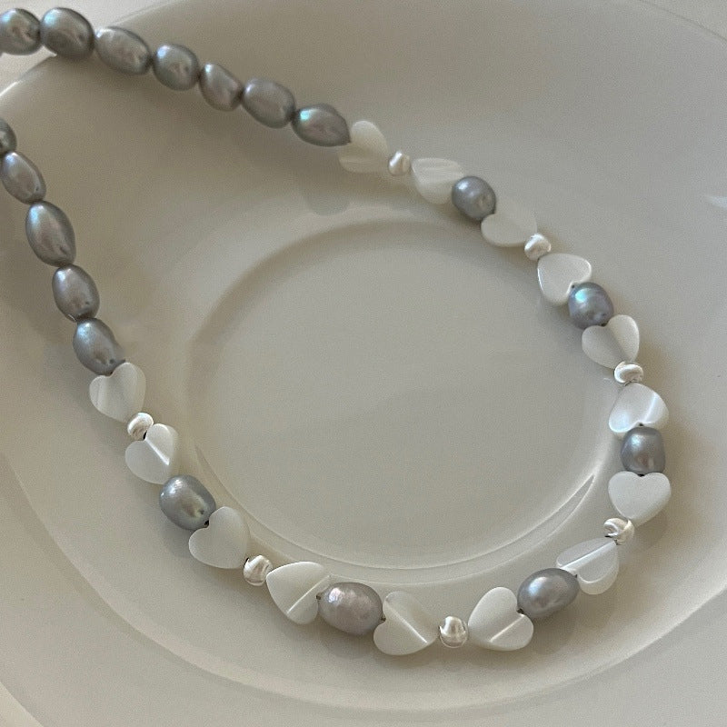 S925 Sterling Silver Natural Gray Pearl Heart Shell Necklace