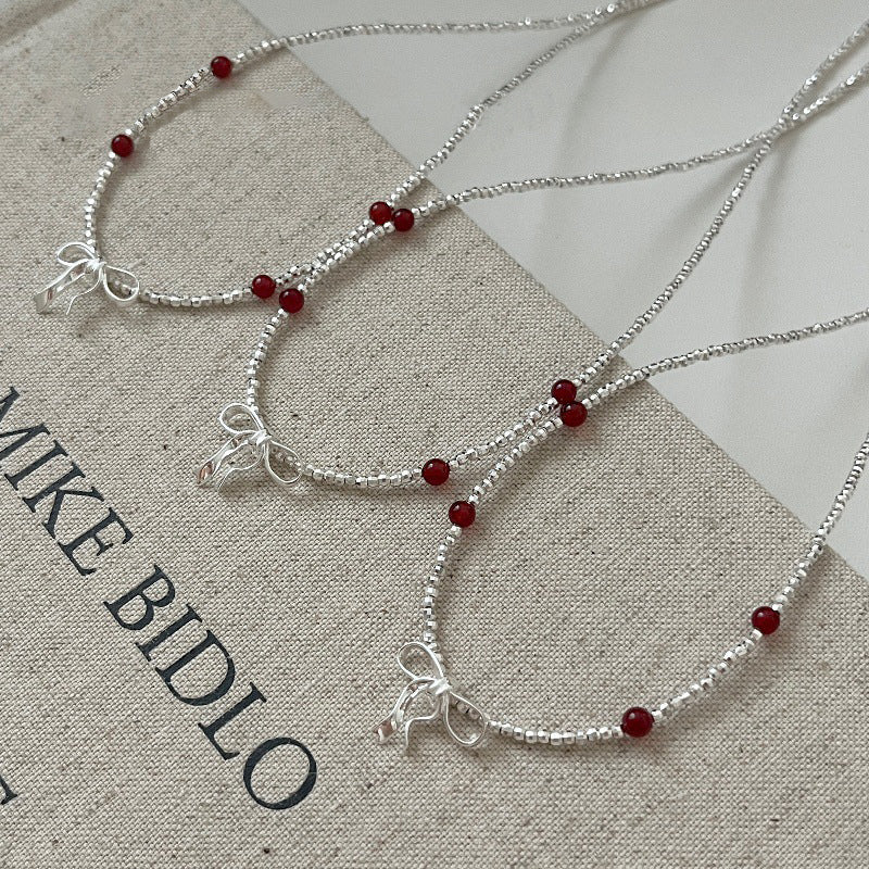 S925 Silver Bowknot Red Agate Faceted Beads Necklace