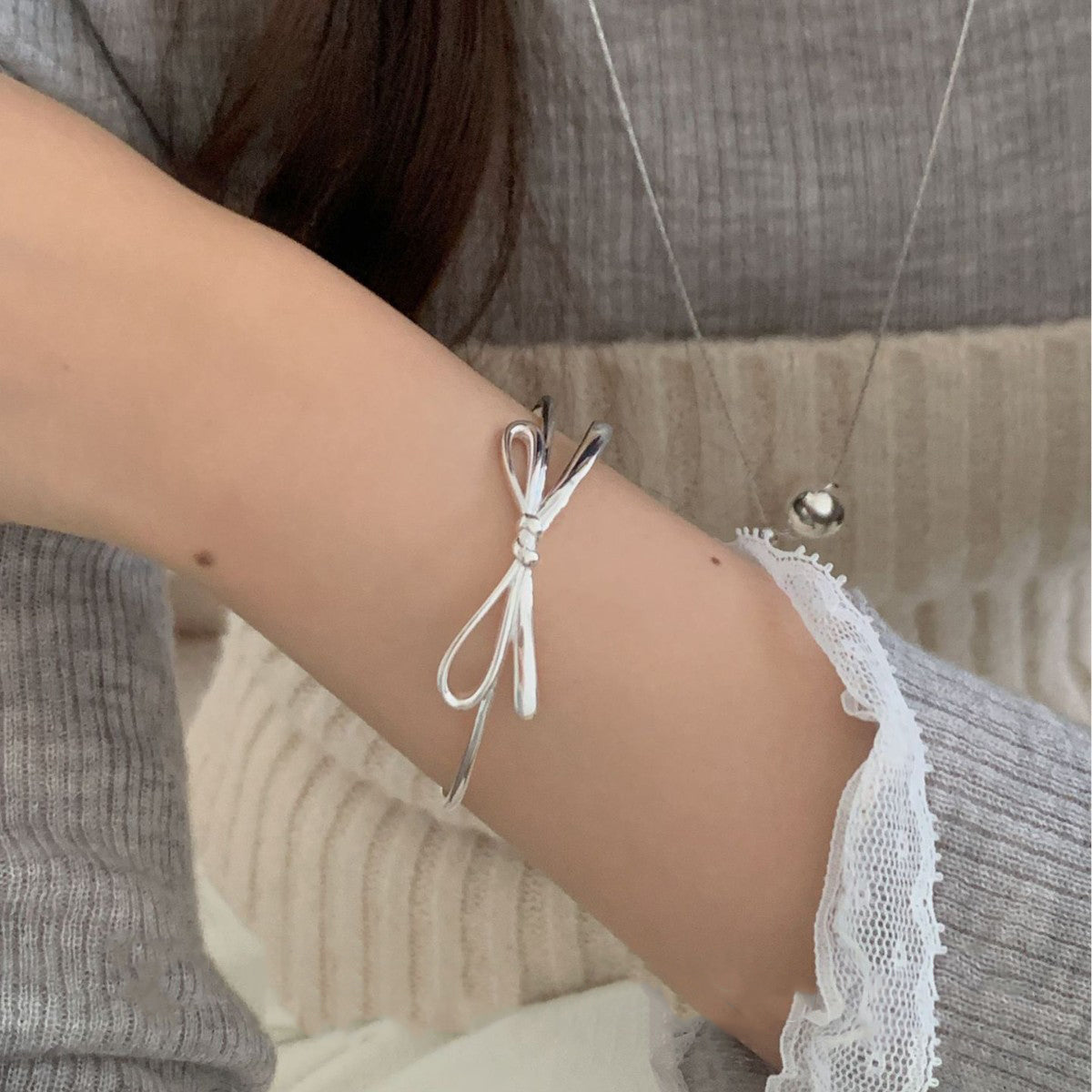 S925 Sterling Silver Minimalist Bow Cuff Bracelet