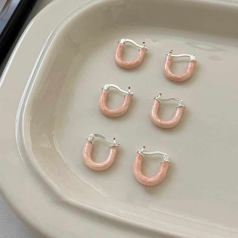 S925 Silver Pink Enamel Hoop Earrings