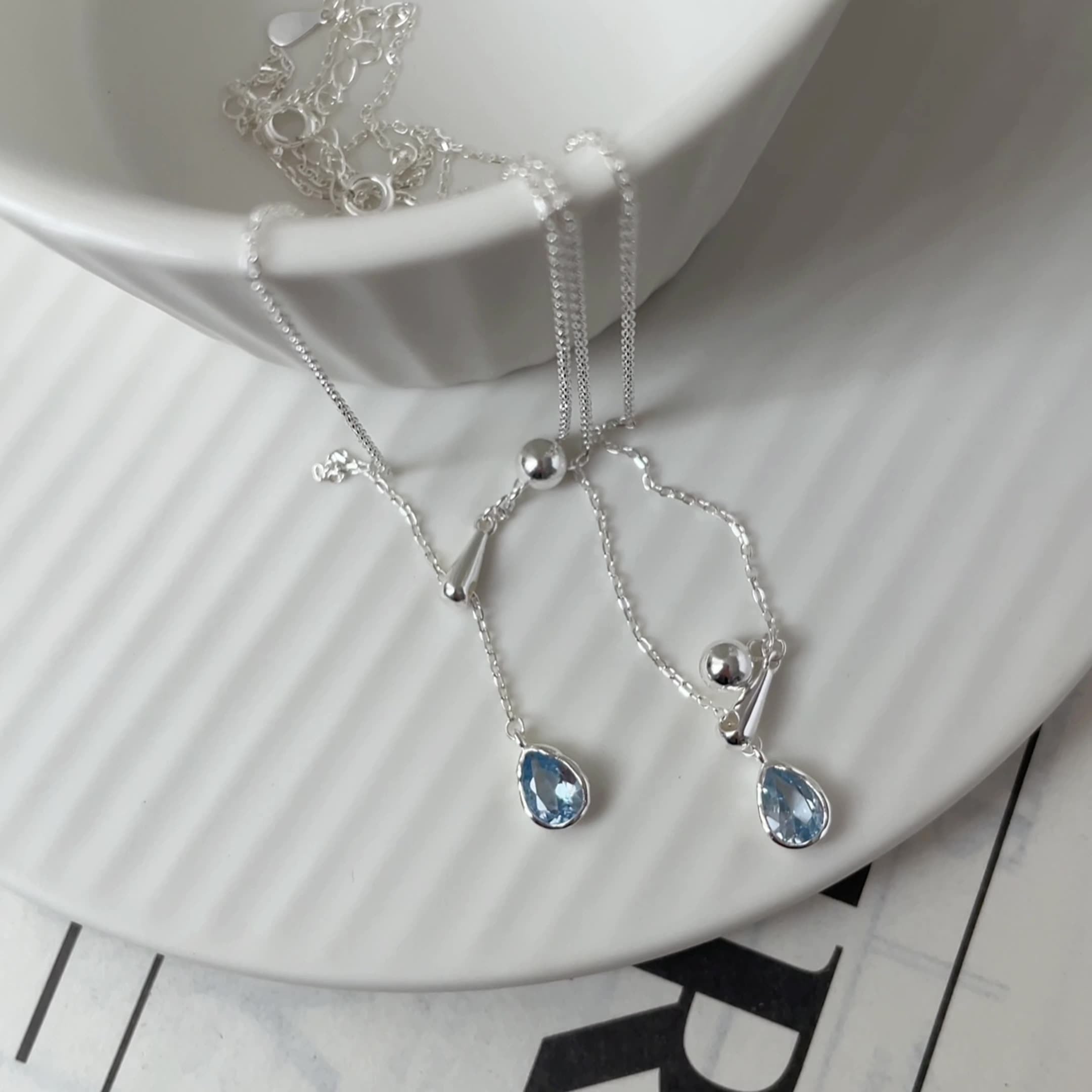 S925 Sterling Silver Blue Teardrop Zircon Necklace