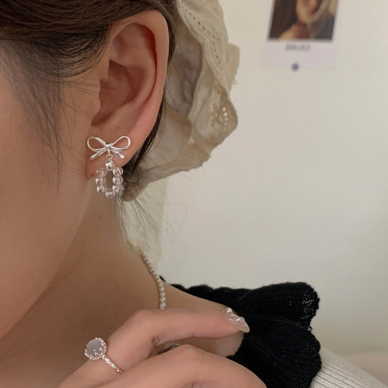 S925 Silver Bowknot White Crystal Earrings