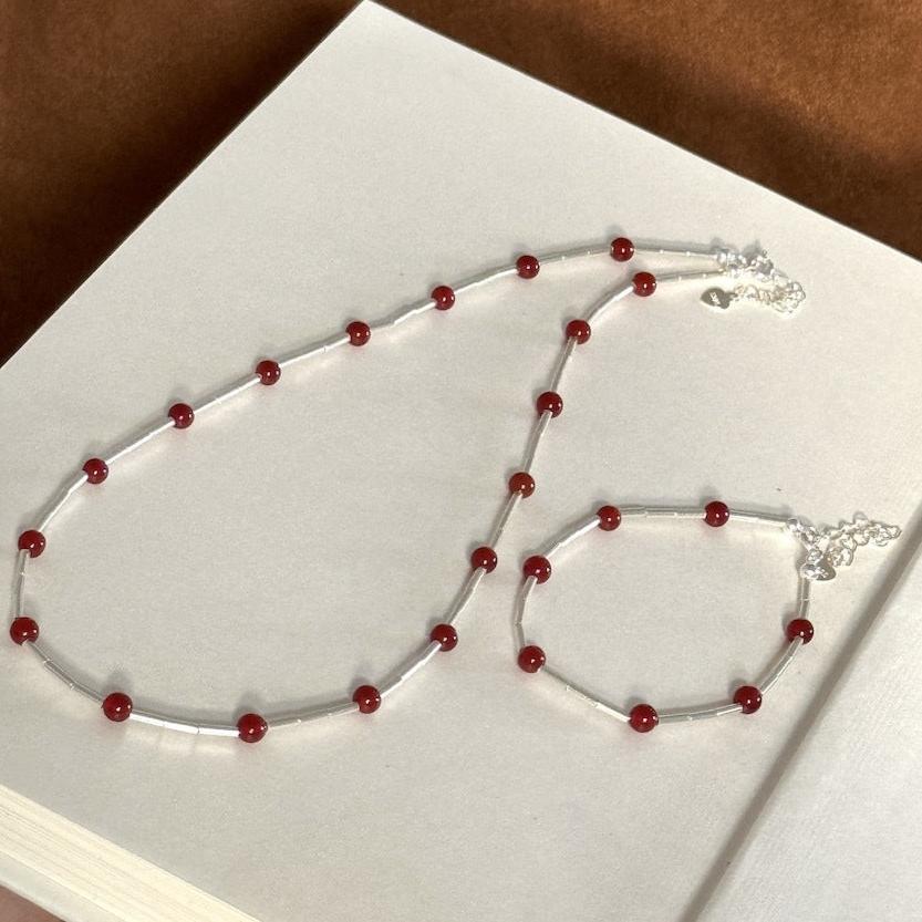 S925 Silver Red Agate and Tube Bead Bracelet