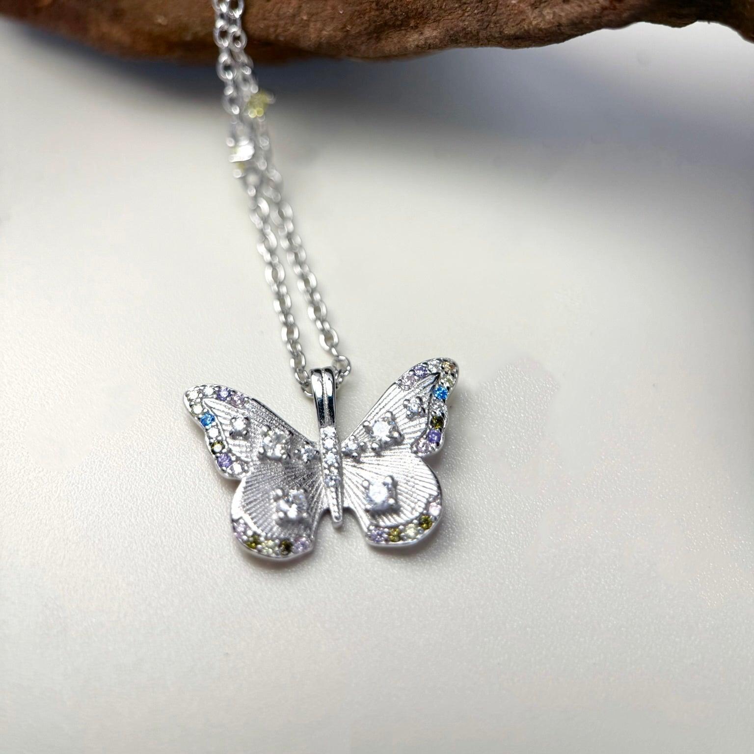 Iridescent Butterfly Necklace with Brushed S925 Silver & Colorful Stones