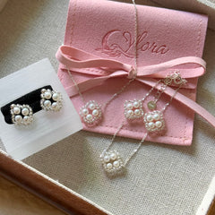 S925 Sterling Silver Freshwater Pearl Woven Four-Leaf Clover Jewelry Set